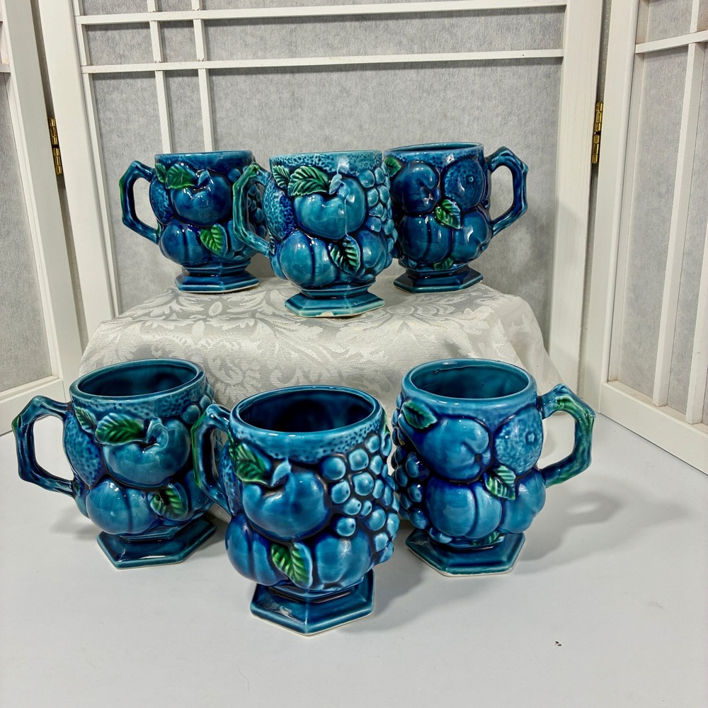 VTG Inarco Japan Mood Indigo Mugs Set of 6 E2431 Hexagon Base Ceramic